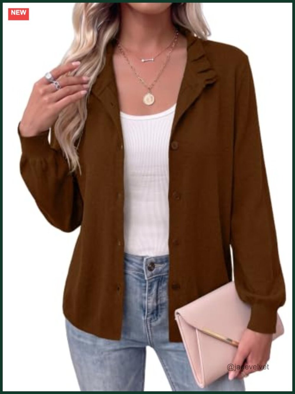 Lightweight Knit Cardigan Sweater with Ruffle Collar Long Sleeve Button Front